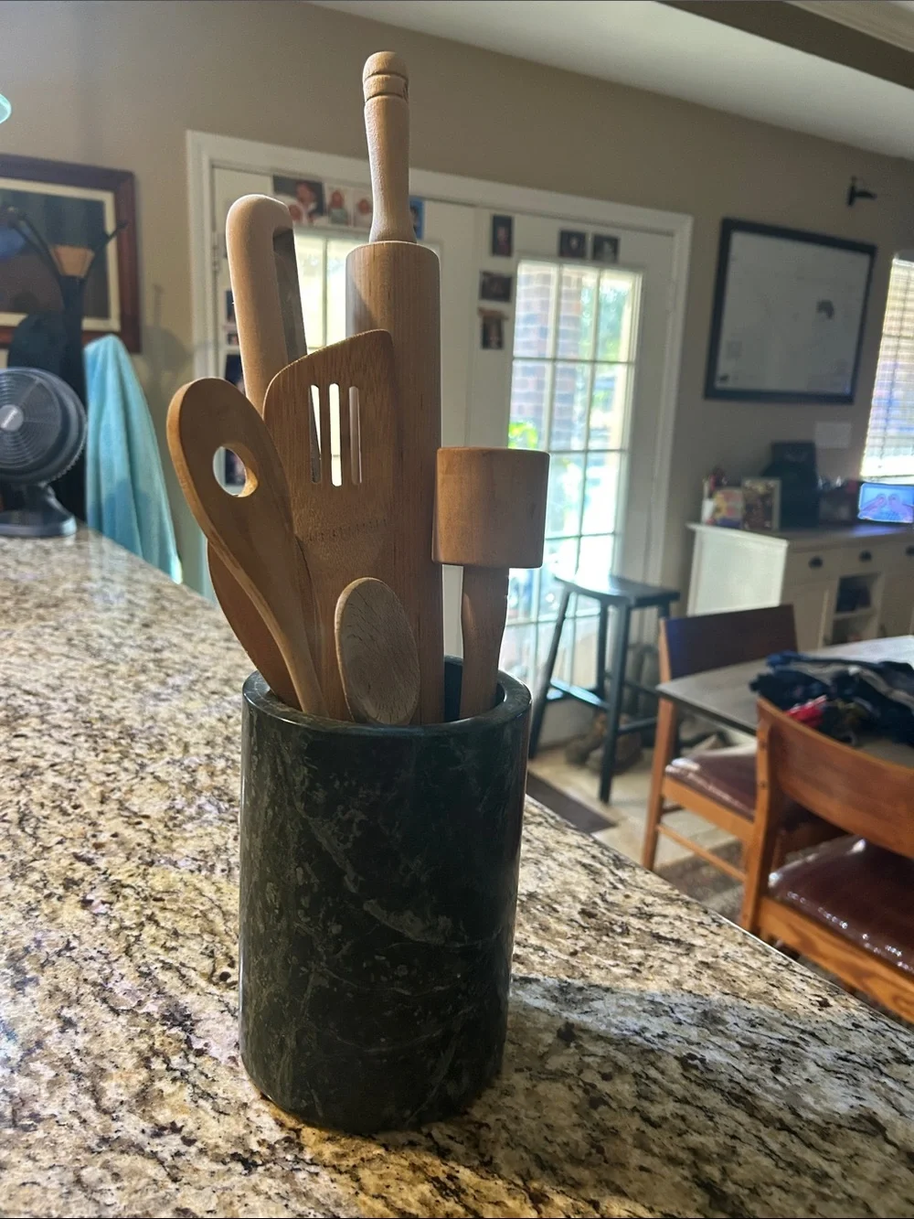 Wooden Kitchen 7 Piece Utensil Set with Black & Dark Green Marble Holder-Kitchen